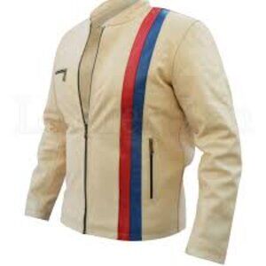 Men Off-White Cream Blue Red Stripes Motorcycle Genuine Leather Jacket Men Off-W